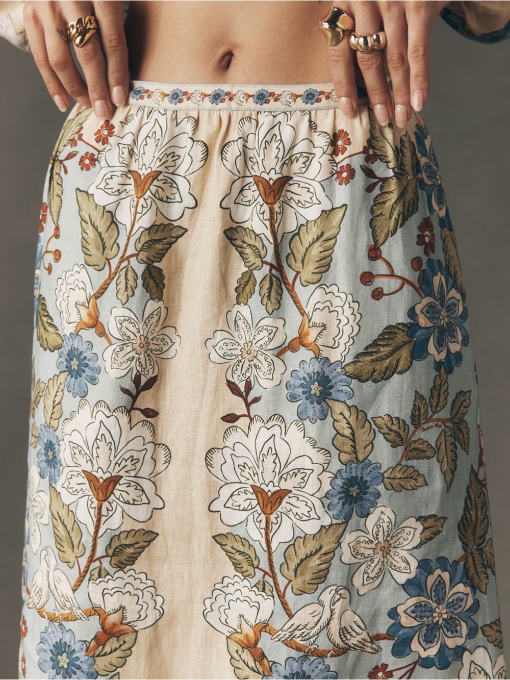 FARM Rio Cream Midi Skirt with Blue and Olive Floral Motif